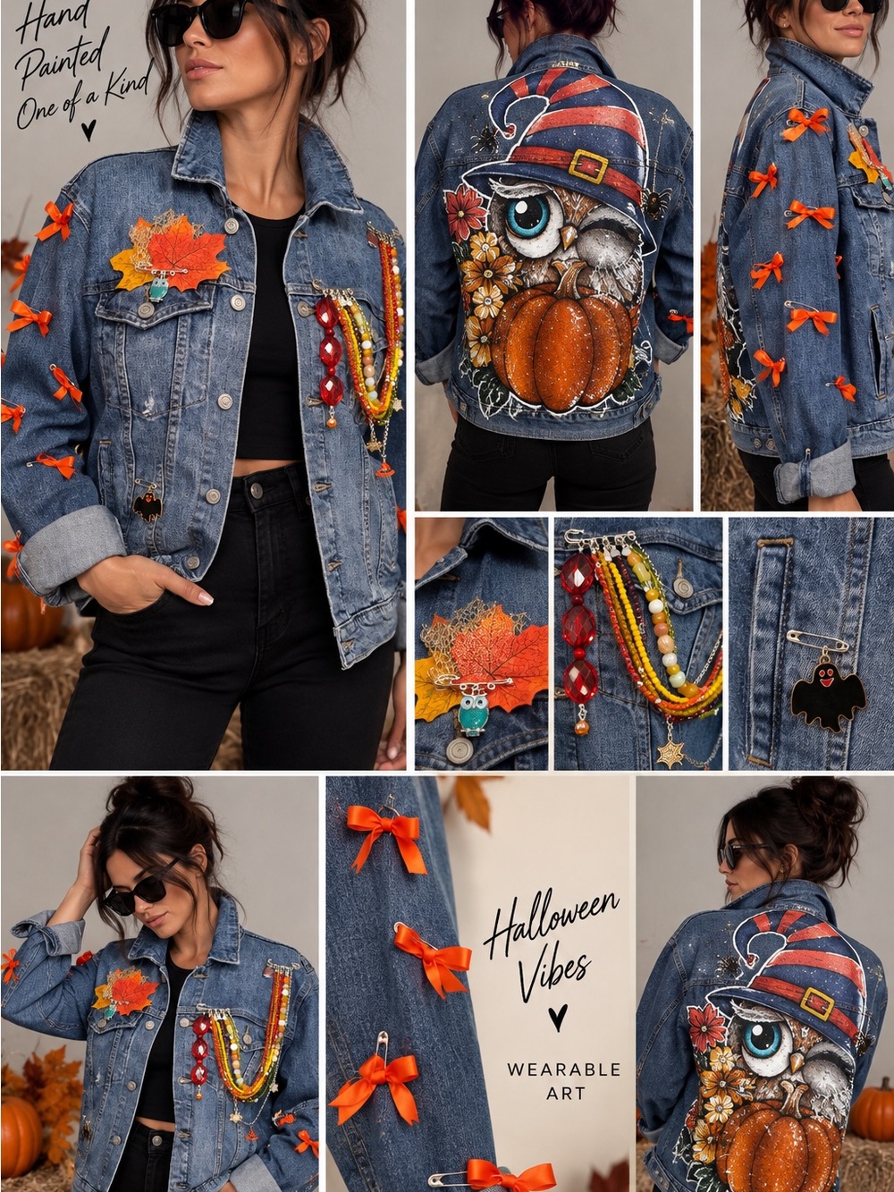 Size L Hand Painted Halloween Owl Denim Jacket • One of a Kind Wearable Art